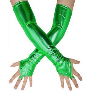 Women's Fingerless Shiny Metallic Spandex Green Fashion Long Elastic Gloves